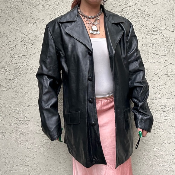 Vintage Black Leather Trench Coat - Picture 2 of 10